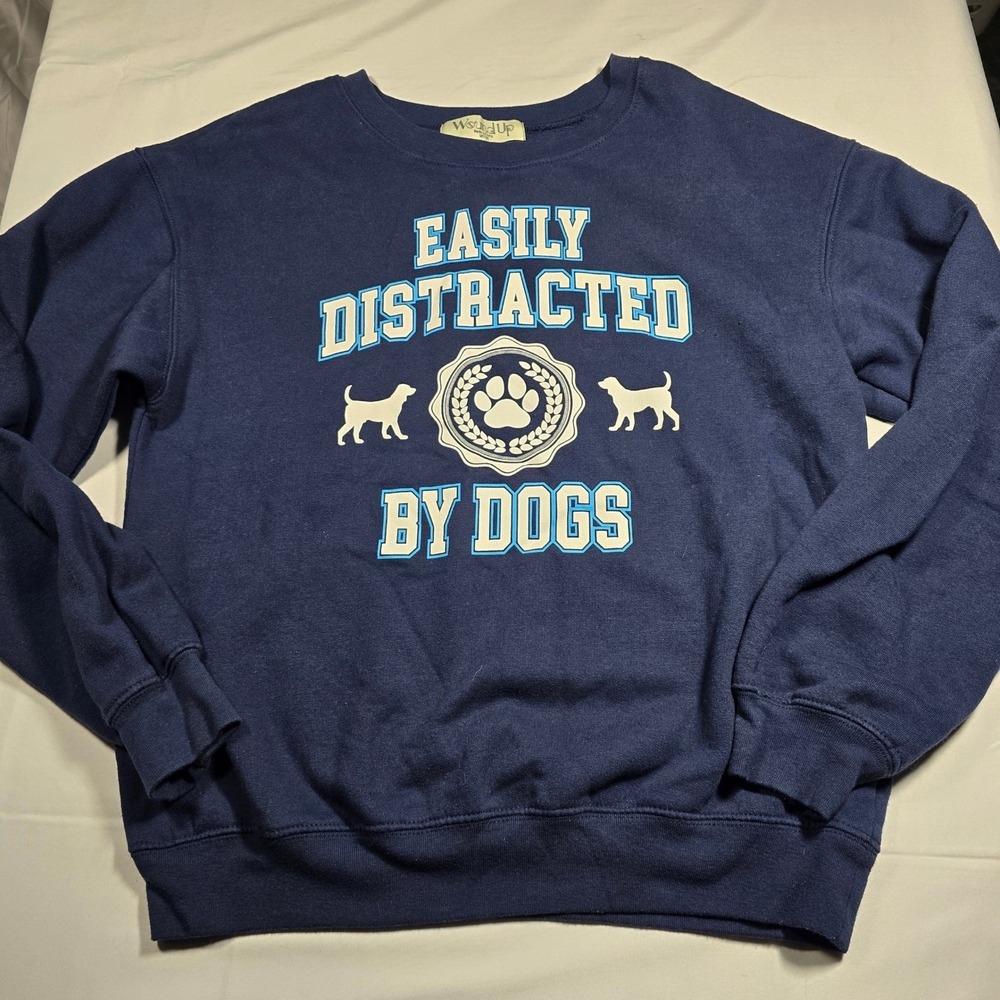 Wound Up Womens Mediun Easily Distracted By Dogs Sweatshirt Blue Graphic